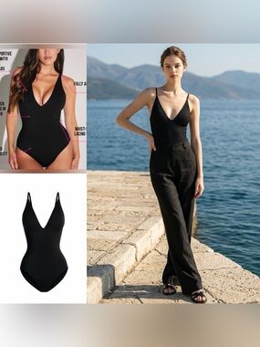 NWT T3A Black High Cut Plungey  Medium Regular Long V‑Neck Swimsuit